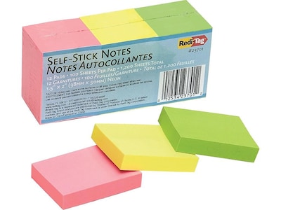 Redi-Tag Standard Notes, 1 1/2 x 2 Assorted Colors, 100 Sheets/Pad, 12 Pads/Pack (23701)