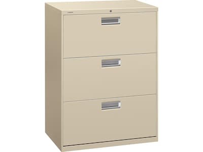 HON Brigade 600 Series 3-Drawer Lateral File Cabinet, Locking, Letter/Legal, Putty/Beige, 30W (H673