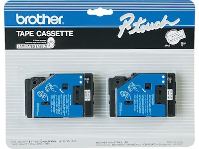Brother P-touch TC-20 Laminated Label Maker Tape, 1/2" x 25-2/10', Black on White, 2/Pack (TC-20)