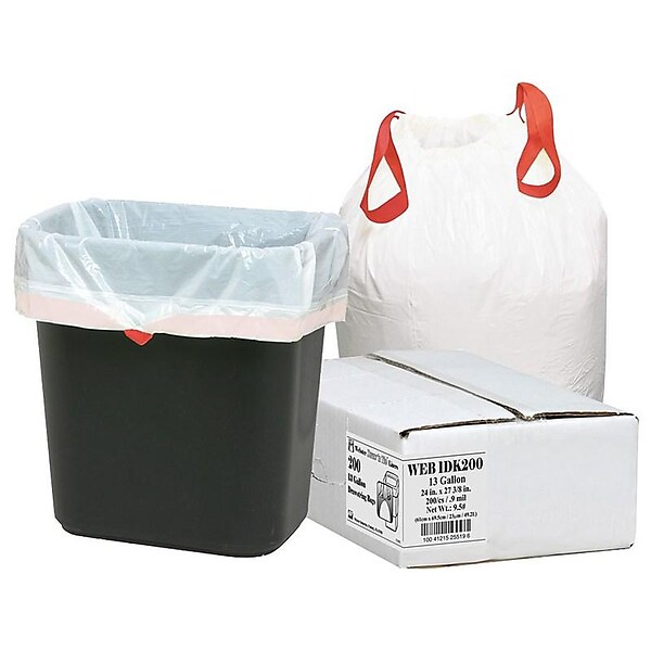 Perk Drawstring Tall Kitchen Trash Bags, 13 gal, 0.9 mil, 28 x 24, White, 50/Box