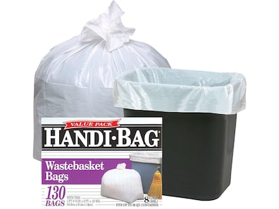 Berry Global Handi-Bag 8 Gallon Trash Bag, 22" x 24", Low Density, 0.6 mil, White, 130 Bags/Box (HAB6FW130/HAB6W)