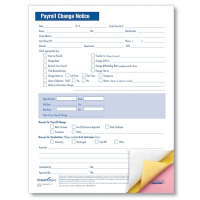 ComplyRight Payroll Change Notice, 3-Part, Pack of 50 (A2170)