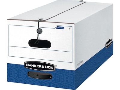 Bankers Box Heavy-Duty Corrugated File Storage Boxes, String & Button, Legal Size, White/Blue, 4/Carton (0001203)