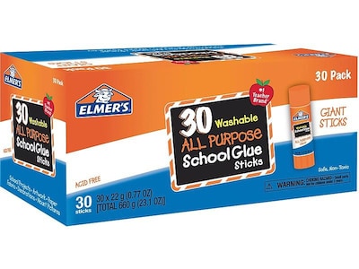 Elmers All Purpose School Jumbo Glue Sticks, 0.77 oz., White, 30/Pack (E599)