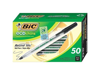 BIC Round Stic Ecolutions Ballpoint Pens, Medium Point, Black Ink, 50/Pack  (GSME509-BLK) | Quill.com