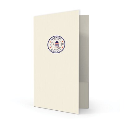 Custom Legal Two Pocket Presentation Folders, 9 x 14.5, Warm White Linen 80#, 2 Standard Inks, 50/