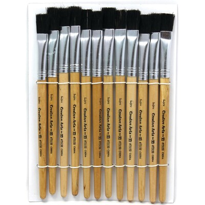 Charles Leonard Creative Arts Natural Stubby Handle Flat Easel Paint Brushes, 1/2 Wide, Black Bristle, 12/Pack (73150)