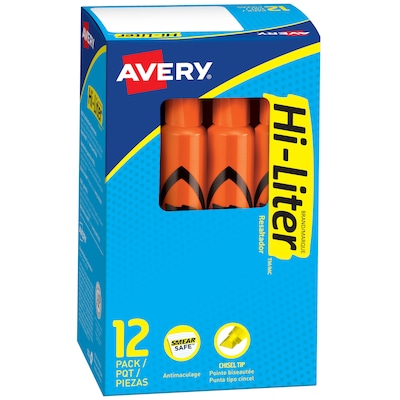 Avery Hi-Liter Tank Highlighters, Chisel, Orange, Dozen (24050)