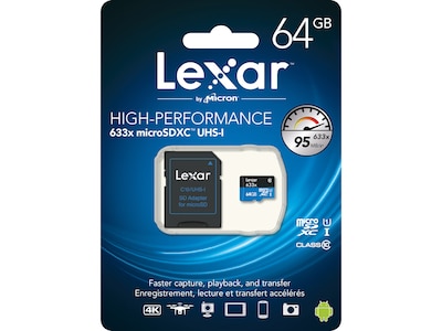 Lexar High-Performance 633x 64GB microSDXC Memory Card with Adapter, Class 10, UHS-I (LSDMI64GBBNL63