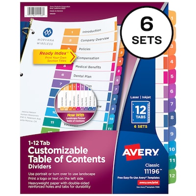 Avery Ready Index Numeric Paper Dividers, 12-Tab, Multicolor, 6/Pack (11196)