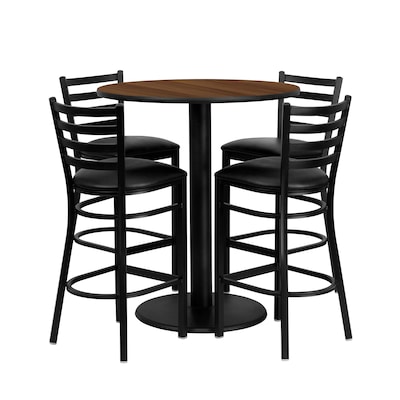 Flash Furniture 36 Round Table Set W/4 Ladder Back Metal Bar Stools, Walnut /Black (MD0011)