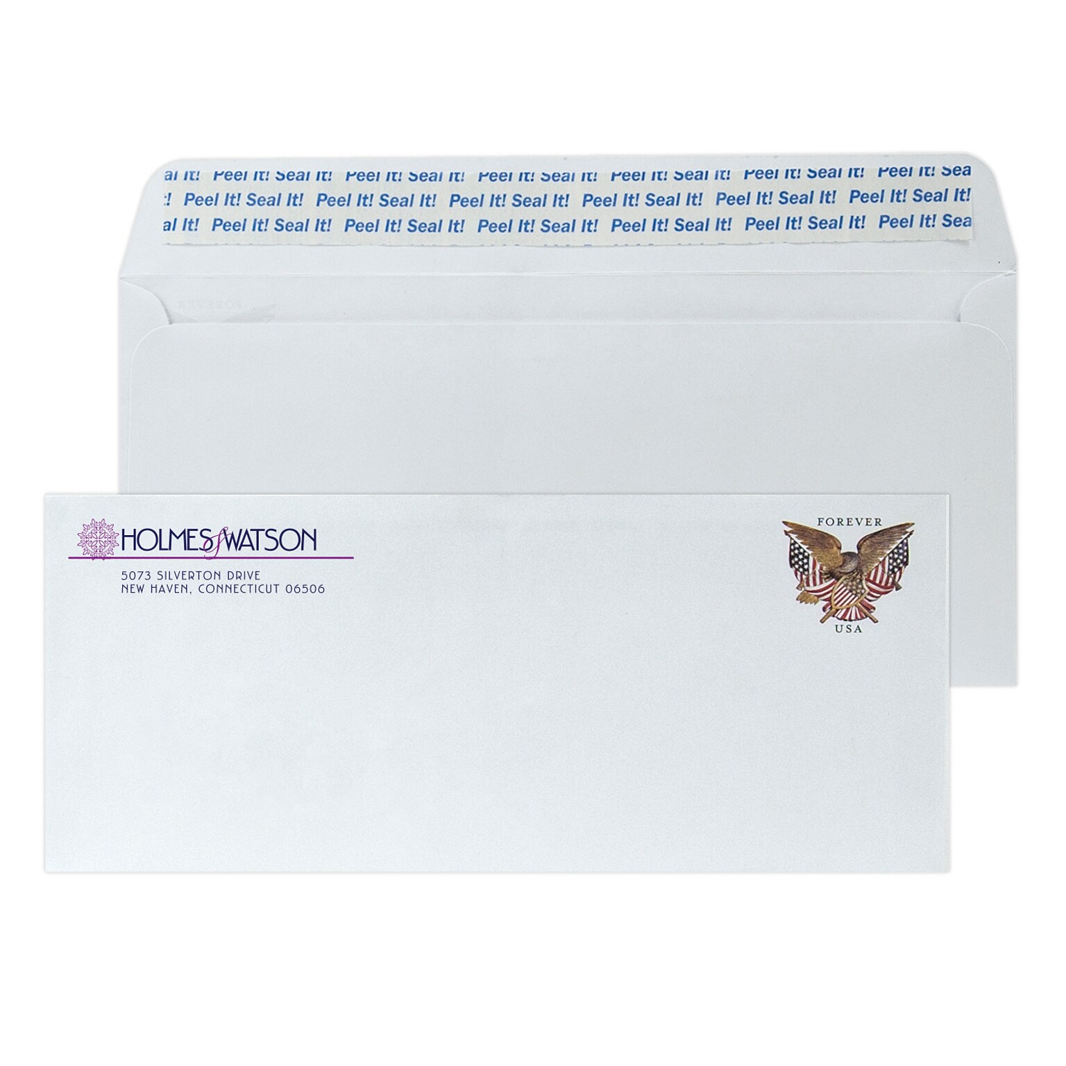 Custom #10 Pre-stamped Peel and Seal Envelopes, 4 1/4 x 9 1/2, 24# White Wove, 2 Custom Inks, 250 / Pack