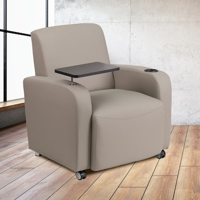Flash Furniture Leather Guest Chair; Gray w/Tablet Arm, Front Wheel Casters and Cup Holder