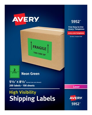 Avery High Visibility Laser Shipping Labels 5 1 2 X 8 1 2 Neon Green 2 Sheet 100 Sheets Pack Quill Com