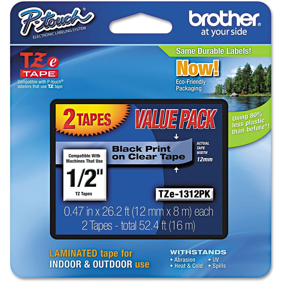 Brother Genuine P-touch TZe-1312PK Label Maker Tape, 1/2"W, Black On Clear,  2/Pack | Quill.com