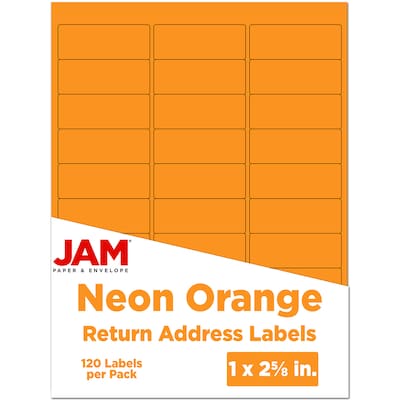 JAM Paper Laser/Inkjet Address Labels, 1" x 2 5/8", Neon Orange, 30 Labels/Sheet, 4 Sheets/Pack (35432814)
