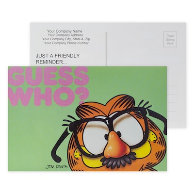 Custom Full Color Postcards, Garfield Guess Who?, 4" x 6", 12 pt. Coated Front Side Stock, Flat Print, Horiz, 2-Sided, 100/Pk