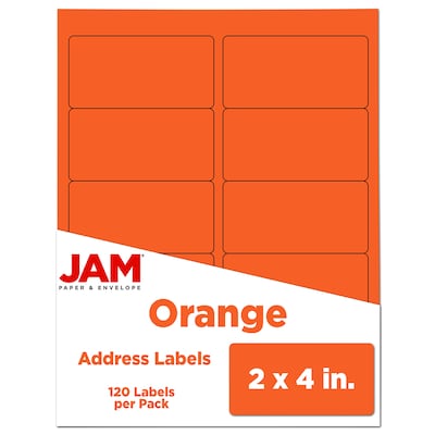 JAM Paper Laser/Inkjet Shipping Address Labels, 2 x 4, Orange, 10 Labels/Sheet, 12 Sheets/Pack (30