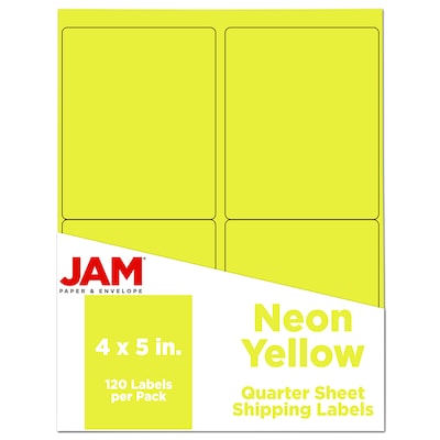 JAM Paper Laser/Inkjet Shipping Labels, 4 x 5, Neon Yellow, 4 Labels/Sheet, 30 Sheets/Pack (354329