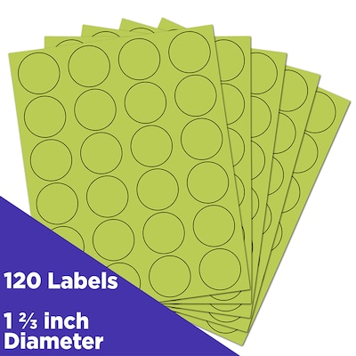 JAM Paper Round Label Seals, 1 2/3" Diameter, Ultra Lime Green, 24 Labels/Sheet, 5 Sheets/Pack (147627049)