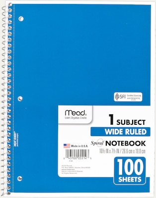 Mead Spiral 1-Subject Notebook, 8 x 10.5, Wide Ruled, 100 Sheets, Sold as an Each (MEA05514)