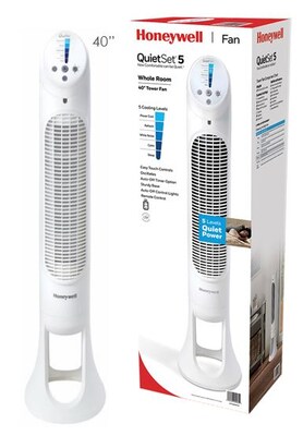 Honeywell QuietSet 32.8"H 5 Speed Oscillating Tower Fan, White (HYF260)