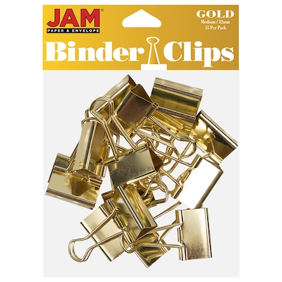 JAM Paper Colorful Binder Clips, Medium, 5/8 Capacity, Gold, 15/Pack (339BCgo)