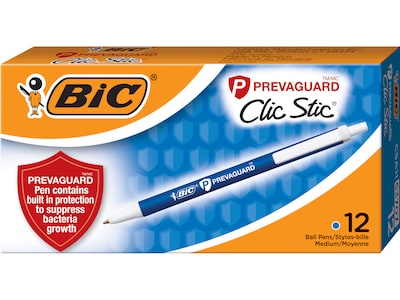 BIC PrevaGuard Clic Stic Retractable Ballpoint Pen, Medium Point, Blue Ink, 12/Pack (CSA11-BLU)